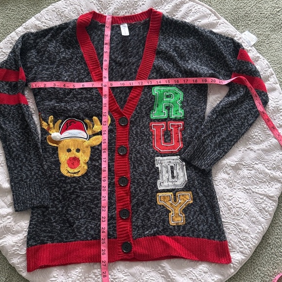 Christmas Ugly Sweater Festive Reindeer Rudy Sequin Cardigan S/M - Picture 4 of 8